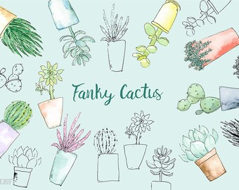 Watercolor clipart Funky Cactus - Hand painted watercolor succulent plants and cactus in contemporary pots, vector illustration, jpg, png