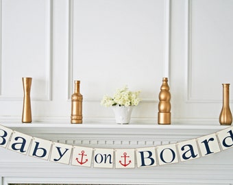 Baby on Board Baby Shower Banner, Nautical Theme Baby Shower Decorations, Red & Nany Blue / Ivory Cardstock, Personalized Colors, Its a Boy