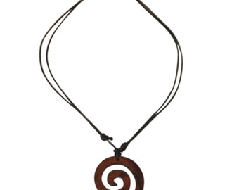 Wooden necklace, black necklace made of cotton with a spiral-shaped Brown wood trailer from Sonoholz, hand-carved, 4 cm Ø (KH-32)