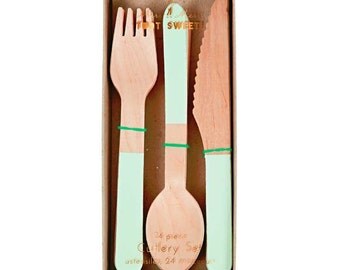 Wooden Spoons Forks Knives, 24 Mint Handle Wood Utensils, Meri Meri Disposable Wooden Utensils, Pastel Green Cutlery