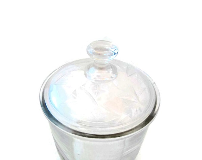 Vintage Delicate Etched Glass Apothecary Jar with Lid / Candy Jar | Bathroom Storage Jar / Floral Etched Jar