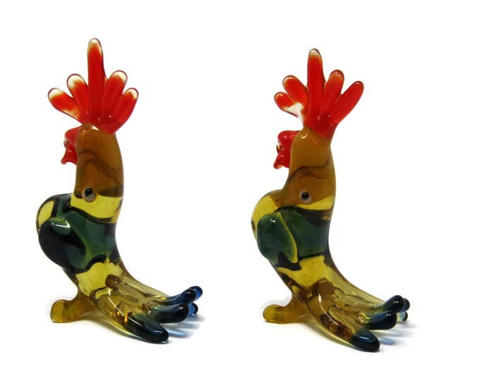 Vintage Art Glass Roosters - Blown Glass Rooster - Colorful Rooster Figurine - Vibrate Color Sculpture Chinese Zodiac Year of the Rooster