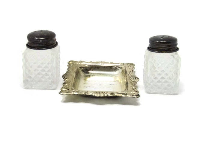 Vintage Salt and Pepper Shakers - Cut Glass Shakers- Silver Plated Tray Vintage Silver Plate Cut Glass Salt Shaker Pepper Shaker Mid Century