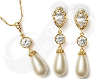 Bridesmaid Teardrop Gold Earrings and Necklace Set Tear drop Bridal Pearl Earrings Necklace Set Cream Pearl Teardrop Earrings Necklace Set