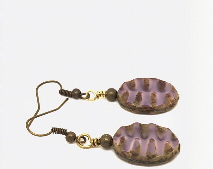 Purple brass dangle, purple brass earrings, purple oval earrings, rustic purple earrings, touch of purple dangle purple rustic earrings