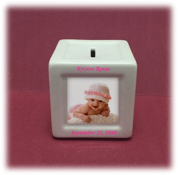 1 Personalized Photo Ceramic Baby Block Bank Keepsake Newborn