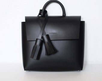 TASSEL LEATHER BAG, Unique Minimalist, Simple, Handmade, black, Gift for Her, Personalization, Leather bag, minimalism