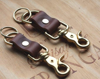 Brown Leather Keychain; Leather & Brass Key Fob; Leather Key Fob; Men's Leather Keychain; Trigger Snap Keychain; Brown Leather Key Fob
