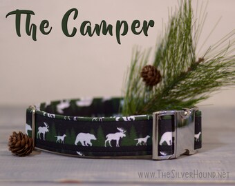 The Camper Collar - Bear Moose Dog Pine Trees Fabric Dog Collar - Choose your width and hardware! - By The Silver Hound
