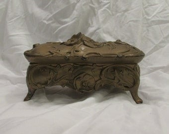 Jewelry Box, Casket Style, Art Nouveau, Unlined, Metal, Gold Painted