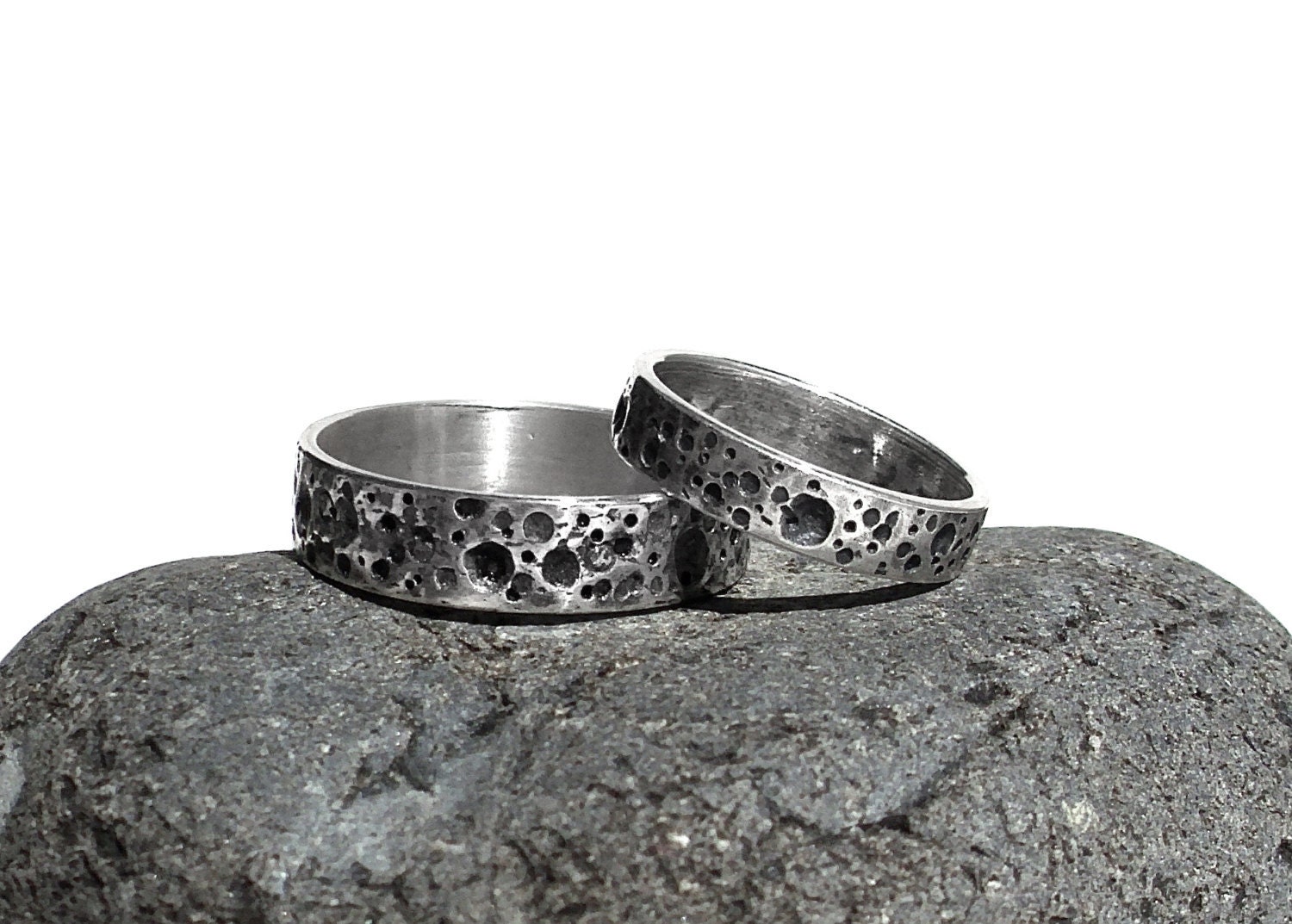 Space Wedding Band Set Moon Crater Wedding Rings in Sterling