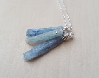 Trio of Raw Blue Kyanite Crystals Necklace on Silver Chain