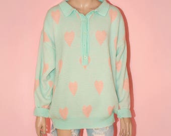 Vintage Pastel Fairy Kei Kawaii Heart Sweater Oversized Plus size Novelty Ugly Green Pink