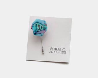 Handmade lapel pin for men, light blue silk flower boutonniere jewellery, unique buttonhole, ideas for dad gifts husband, ready to ship uk