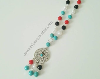 Dream Catcher Necklace Turquoise Red White Pearl Black Statement Silver Long Boho Necklaces Bohemian Layering Long and Layered Gift for her
