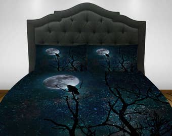 Gothic Bedding, Duvet Comforter Cover Set, Raven, Crow , Tree Moon, Night Sky Twin, Queen, King