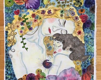 Gustav Klimt's In Art, Gustav Klimt's Mother And Child Watercolor, Baptism Gift, New Baby Gifts, Baby Gift Room Decor, Klimt Watercolor Mom