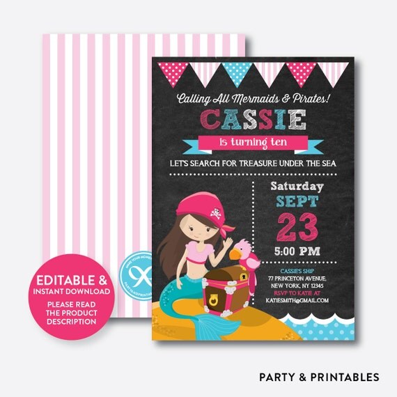 Instant Download, Editable Pirate Mermaid Birthday Invitation, Pirate Invitation, Mermaid Invitation, Under The Sea, Chalkboard (CKB.46) Il_570xn
