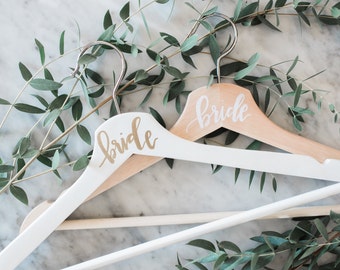 Custom Wedding Day Hangers | Bridesmaid Gifts Dress Hanger | White + Wood Hand Lettered Wedding Hangers