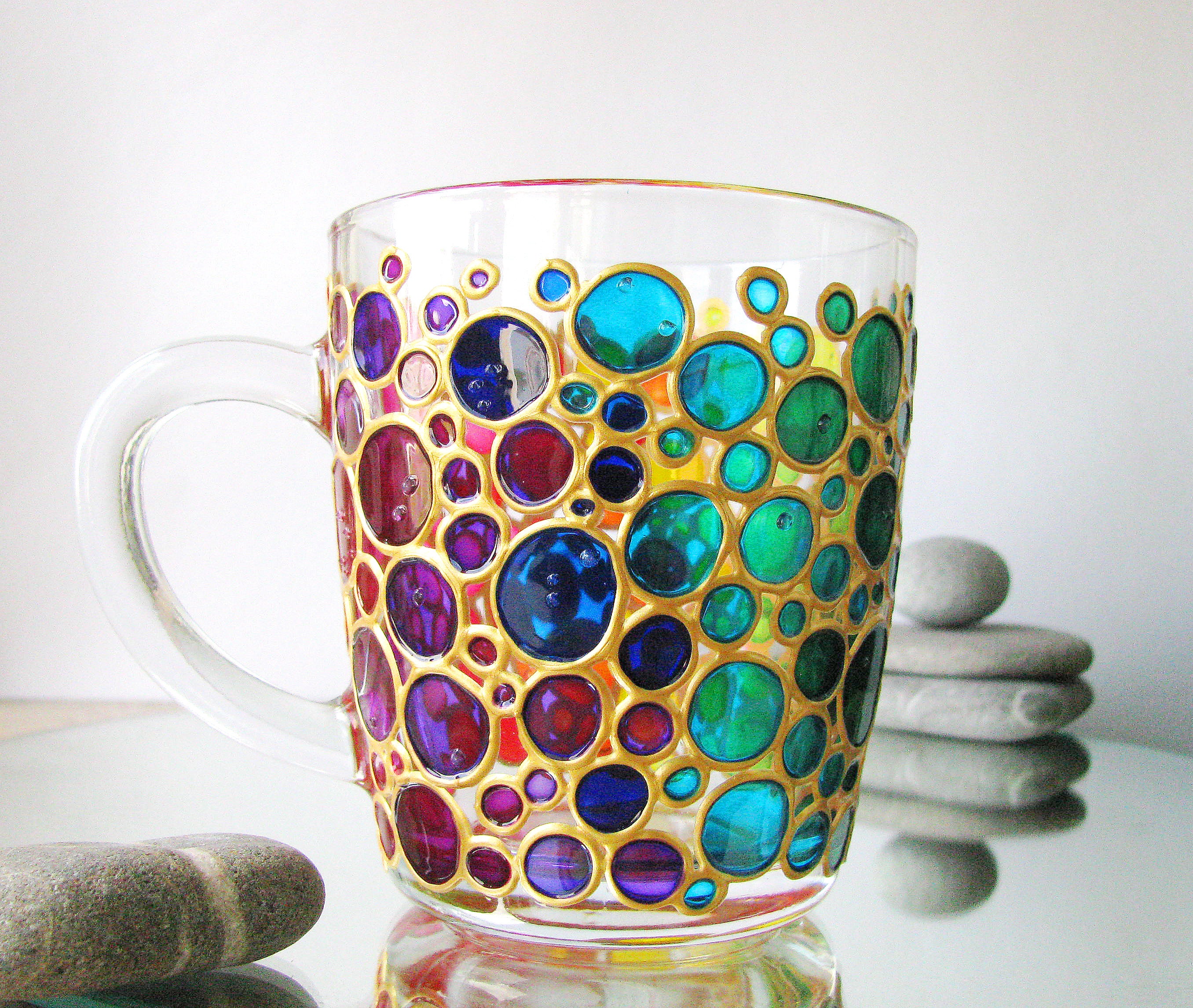 Bubbles Coffee Mug Sun catcher Hand painted Multi Coloured