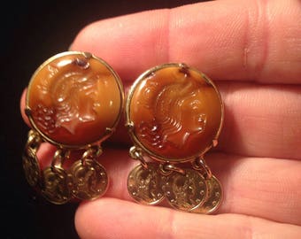 Unsigned Intaglio Dangle Coin Clip Earrings