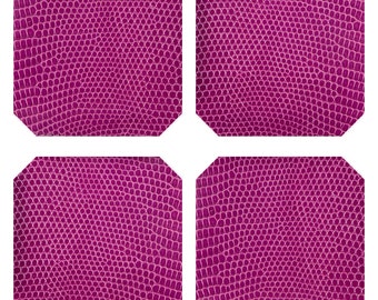 Faux Pink Lizard Leather Coaster Recessed Woven Textured Hemmed Edges Set of 4