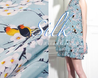 Light Blue Silk Cherry Blossom Fabric - buy discount silk