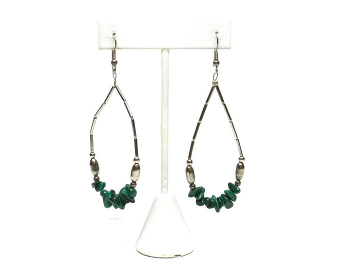 Storewide 25% Off SALE Vintage Sterling Silver Plated Malachite Designer Hoop Chandelier Earrings Featuring Green Stone Beaded Accents