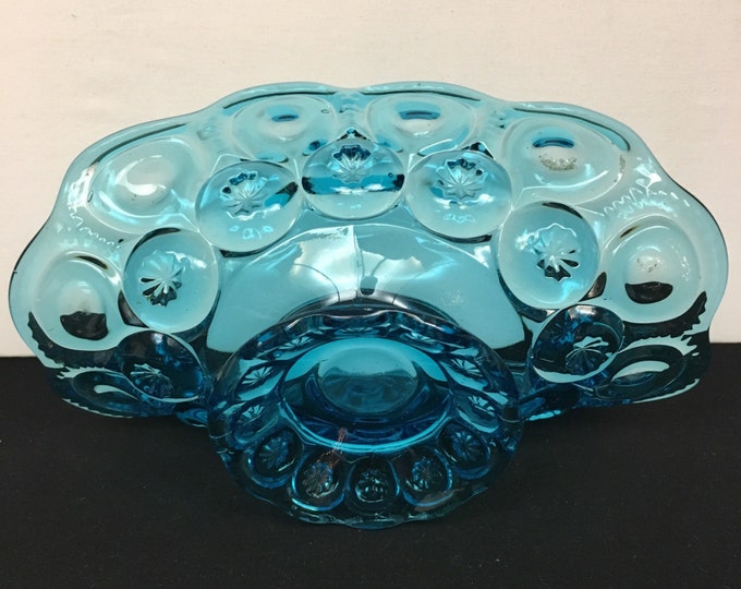 Storewide 25% Off SALE Vintage Blue Fostoria Art Glass Footed Centerpiece Bowl Featuring Fan Shaped Coin Design
