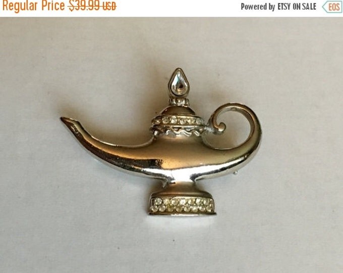 Storewide 25% Off SALE Vintage Silver Tone Middle Eastern Style Oil Lamp Cocktail Brooch Pin Featuring Clear Rhinestone Accented Design