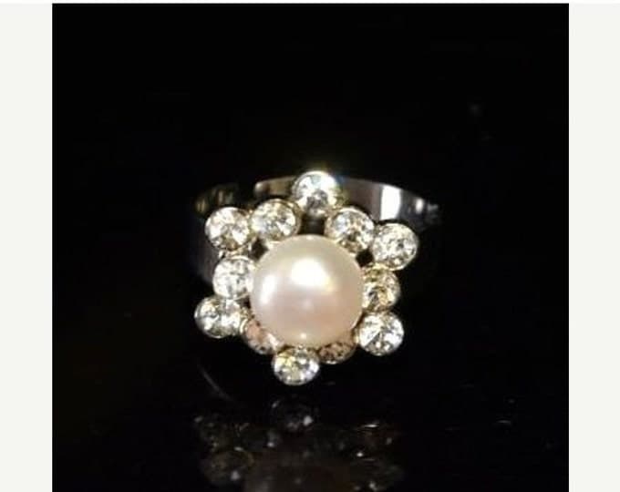 Storewide 25% Off SALE Vintage Genuine White Akoya Pearl & Swarovski Crystal Adjustable Designer Ring Set In Gold Tone Band Featuring Beauti