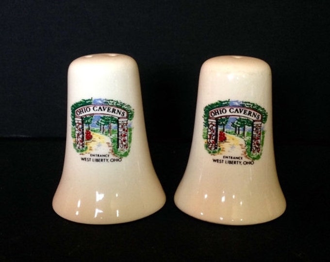 Storewide 25% Off SALE Vintage Collectable Matching Porcelain Bell Shaped Salt & Pepper Shakers Featuring Ohio Caverns West Liberty Ohio Han
