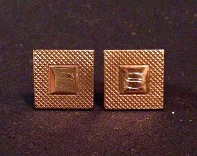 Storewide 25% Off SALE Gentleman's Vintage Square Shaped Gold Tone Designer Cufflinks Featuring Monogramed "S" Design With Smooth Center Fin