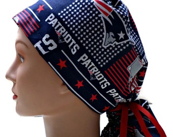 Women's Ponytail Style Surgical Scrub Cap Hat in New England Patriots Squares