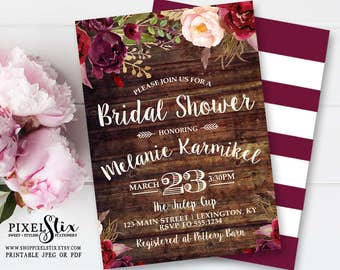 Country Bridal Shower Invitation, Floral Wood Bridal Shower Invite, Vintage Rose and Peony, Boho Bridal Shower, Marsala Cranberry Burgundy