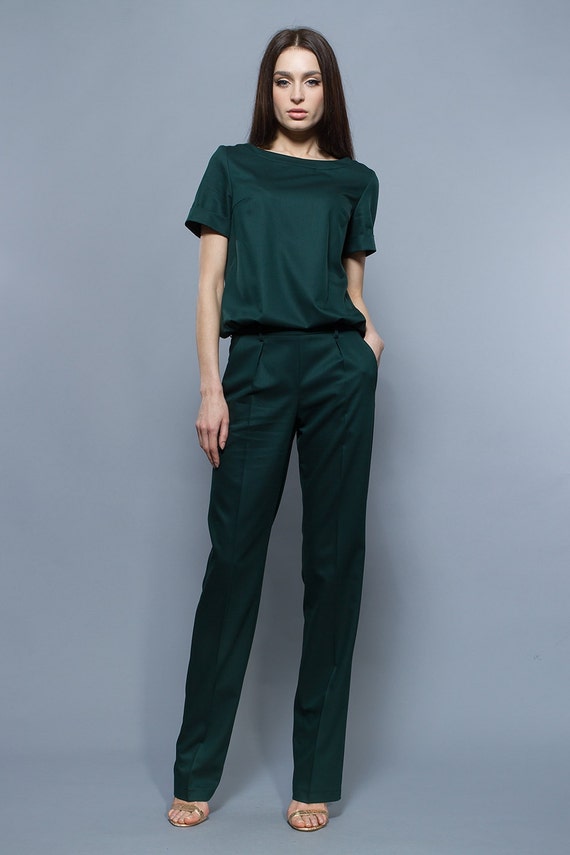 Dark Green Jumpsuit Woman.Elegant Full Length Pants Jumpsuit