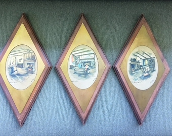 Mid Century Modern Atomic Shaped Paul Porter Prints framed in Wood and Brass Plaque Set of 3
