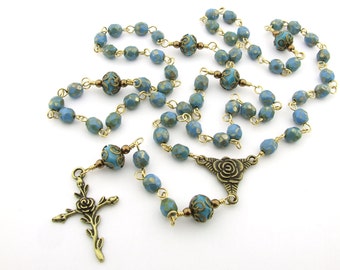 Catholic Rosary Beads - Blue Turquoise Five Decade Rosary - Rustic Style Antique Bronze Rosary - Catholic Gift