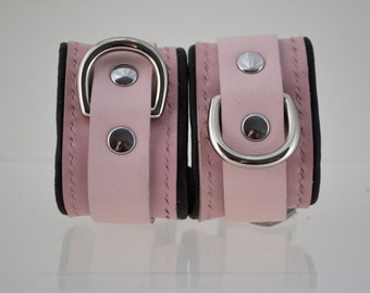 Padded Leather Wrist Cuffs - Pink/Nickel - BDSM/Fetish/Cosplay