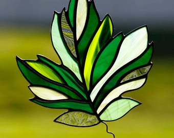 Stained glass green maple leaf suncatcher, stain glass fall leaf ornament, autumn leaves, glass leaf