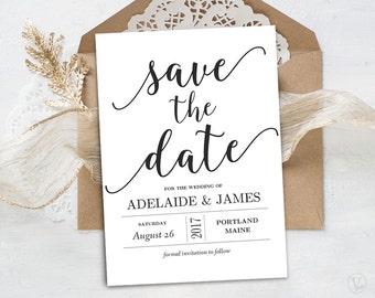 Save the Date Template, Printable Save the Date Card, INSTANT DOWNLOAD, Editable Text, 5x7, Modern Calligraphy, VW10
