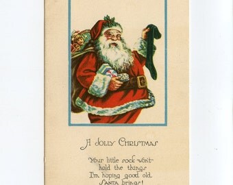 Vintage Christmas Postcard Santa Claus Filling Stockings Gifts Toys Dolls Drums Horns Balls to North Stratford New Hampshire ~ 7279Pb