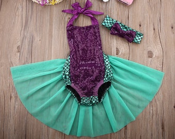 Baby Girls Sequins Summer Mermaid TuTu Romper and Headband | Baby Shower Gift | Baby Girl Outfit | Birthday Outfit