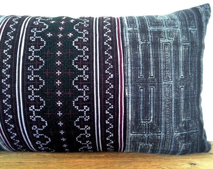 Vintage Indigo Hemp Cross-Stitch Embroidery Pillow Cover/Handmade Vintage Textile Boho Pillow Cover/Hmong Ethnic Costume Textile Pillow