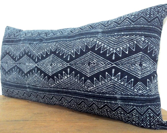Incredible Hmong Handspun Indigo Batik Pillow Cover, Boho Navy Blue Hand Dyed Cotton Throw Pillow, Hill Tribe Ethnic Lumbar Pillow Case