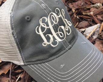 Ladies' Monogram Distressed Trucker Hat - Monogram Hat - Monogram Trucker Hat - Distressed Trucker - Ladies Monogram
