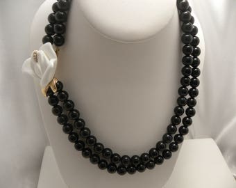 Vintage Kenneth J. Lane KJL For Avon White Flower Black Bead Two Strand Necklace