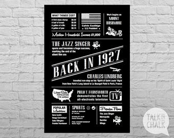 Back In 1927, 90th Birthday DIGITAL Poster, Printable 90th Birthday Sign, 1927 Popular Events Poster, 90th Birthday Gift, 1927 Birthday