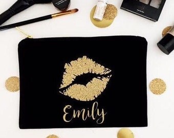 Personalized makeup bags- Makeup bags- Glitter gold lip bag
