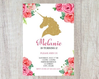 Unicorn Birthday Invitation | Unicorn Invitation | Floral Unicorn Invitation | Unicorn Party | Party Invitation | Gold Unicorn Invite